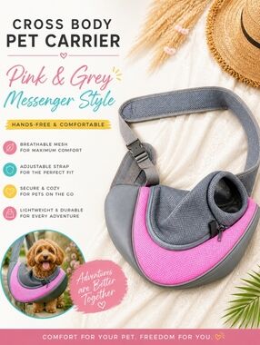PET CARRIER - Messenger Bag Style Cat / Small Dog Carrier Gray & Bright Pink New